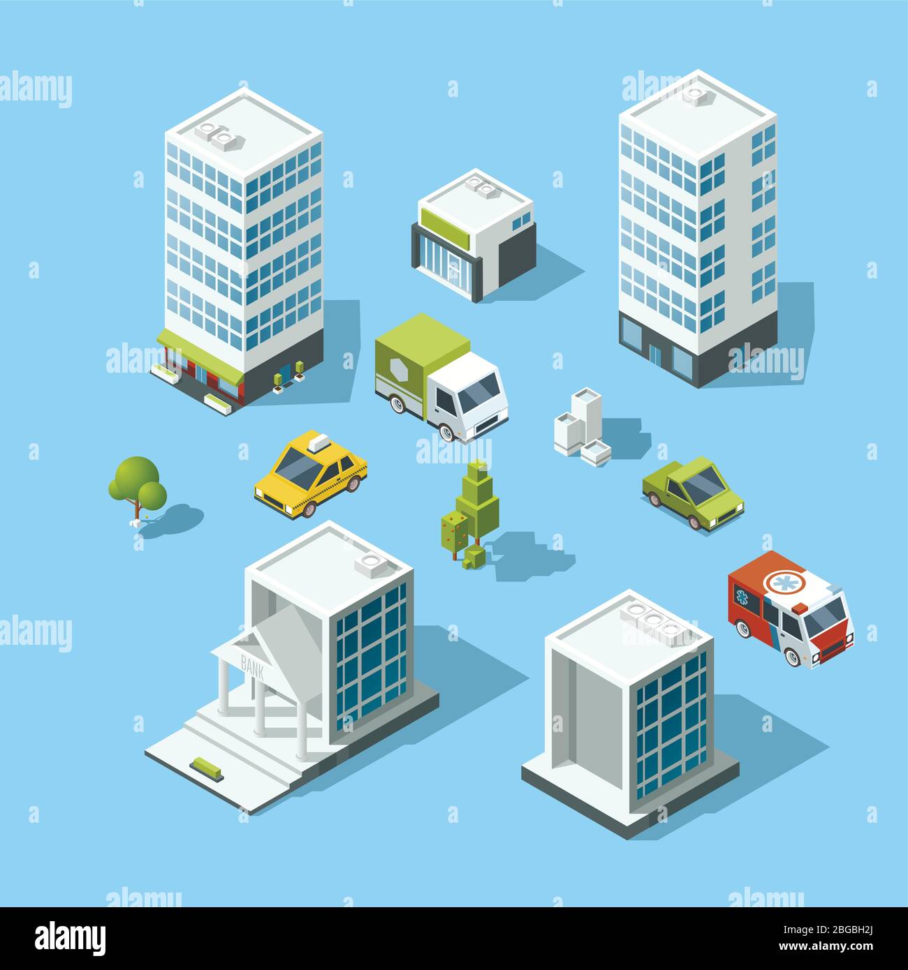Set of isometric cartoonstyle buildings, trees and cars. Architecture