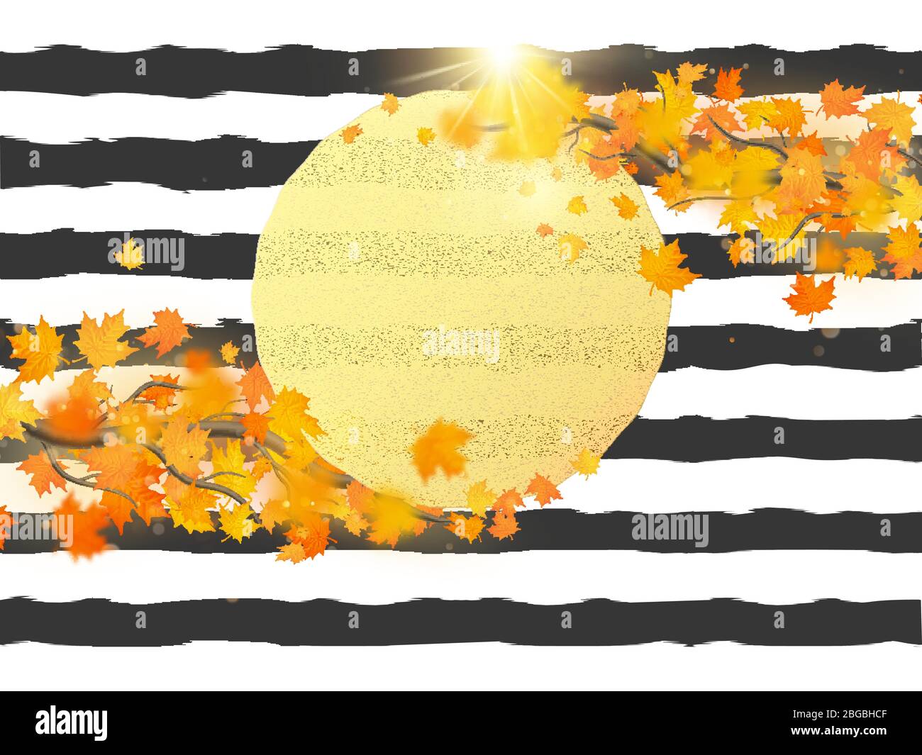 Gold circle with autumn maple leaves background. Season template for design banner, ticket, leaflet, card, poster and another. EPS 10 Stock Vector