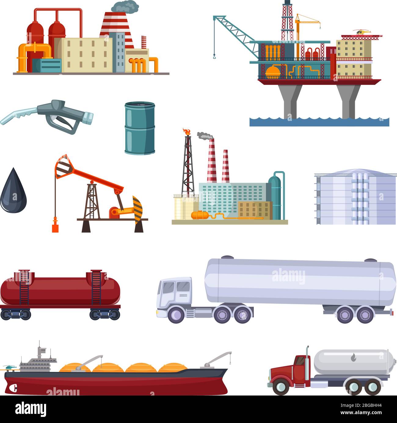 Oil exploration. Petroleum factory with platforms and terminal. Manufacturing pictures isolate on white Stock Vector