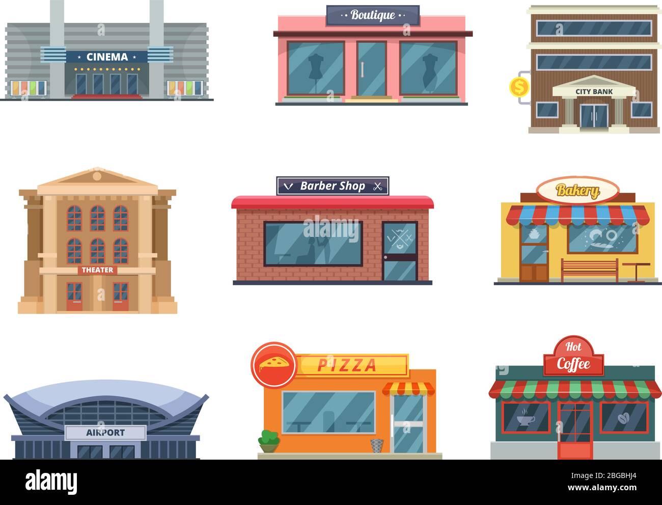 Shops and municipal buildings, mini stores and others. Vector pictures in cartoon style isolate on white Stock Vector