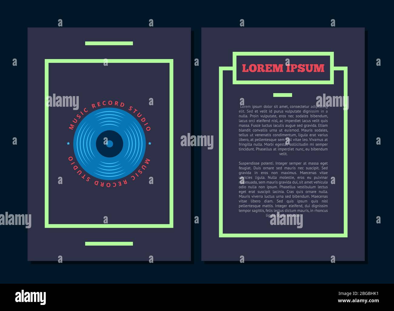 Vector card flyer with retro sound record studio, vinyl music club logo with vinyl record Stock