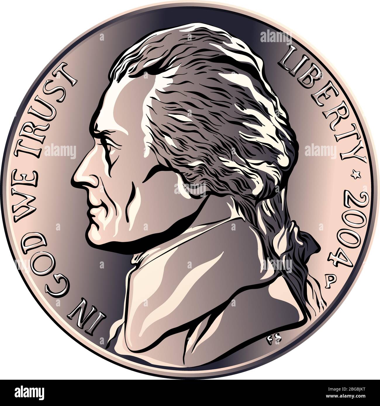 Jefferson nickel, American money, United States five-cent coin with profile Thomas Jefferson, third President of the United States on obverse Stock Vector