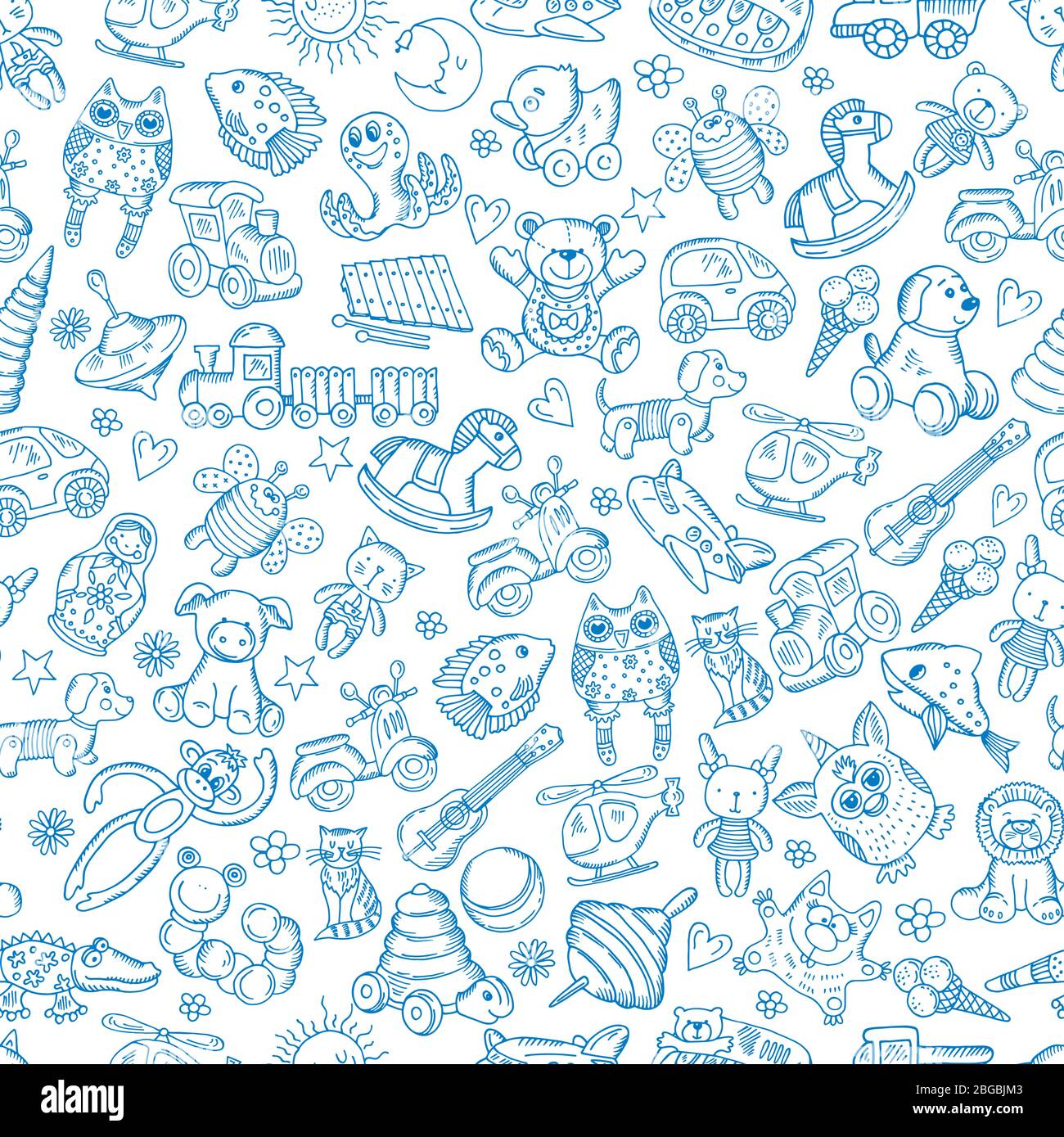 Children with toys. Seamless pattern with vector hand drawn ...