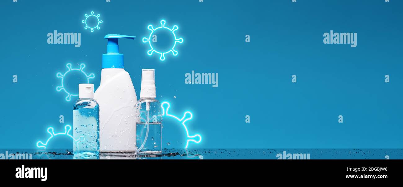 Bottles with antiseptic liquid soap, spray and gel protect against viruses and bacteria. Concept of hand washing, hygiene and prevention from the Covi Stock Photo
