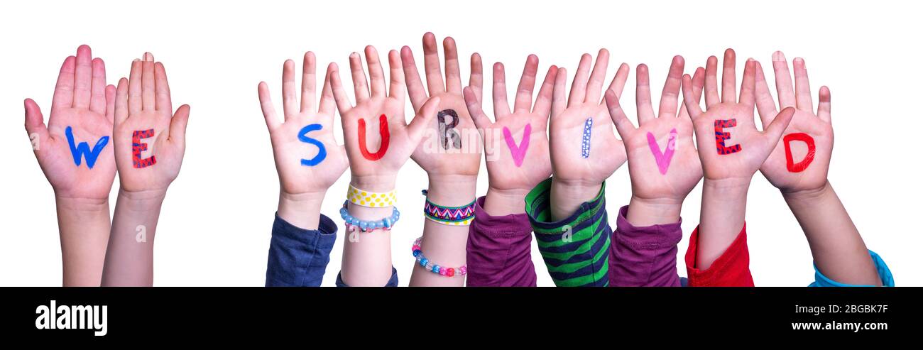 Children Hands Building Word We Survived, Isolated Background Stock Photo