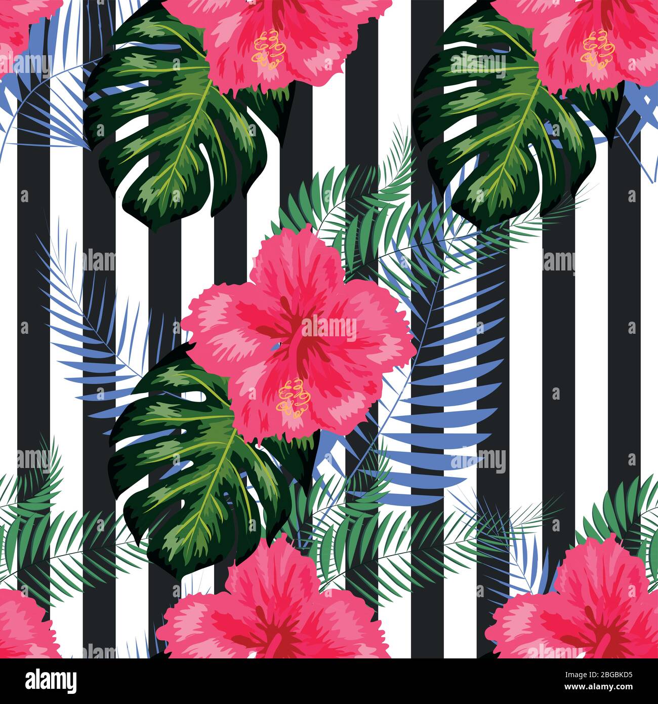 tropical illustration monstera plants leaves flowers hibiscus seamless ...