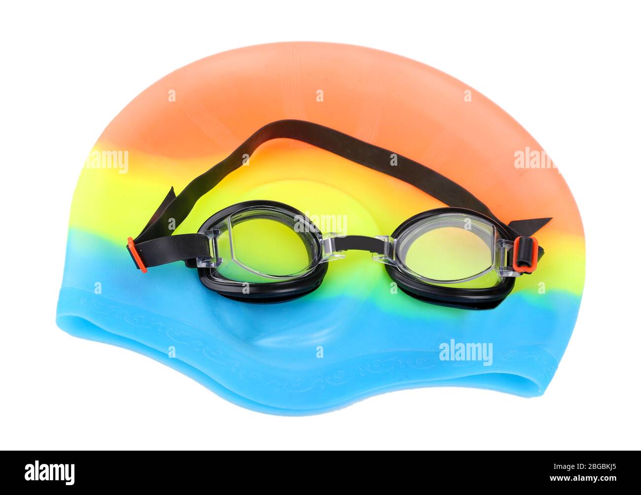 Swim cap and goggles isolated on white Stock Photo Alamy