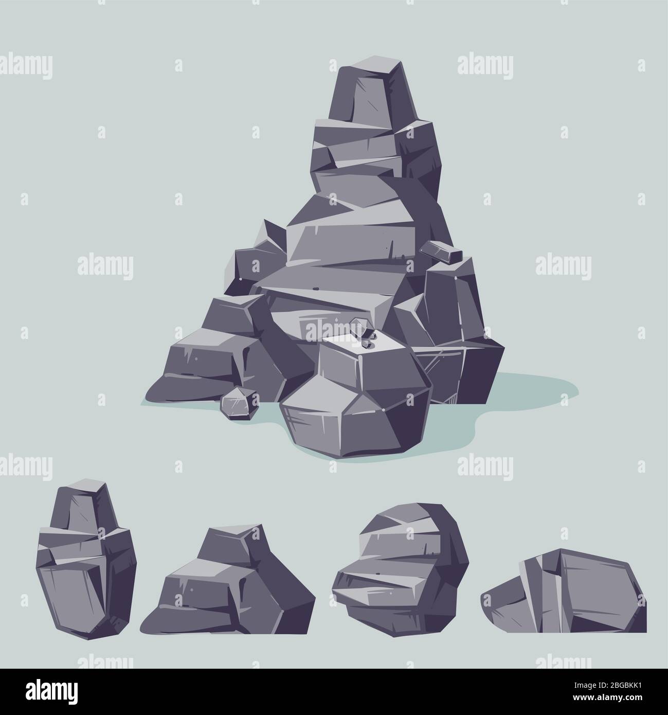 Set of mountain gray rocks. Cartoon isometric 3d flat style. Set of different boulders Stock Vector