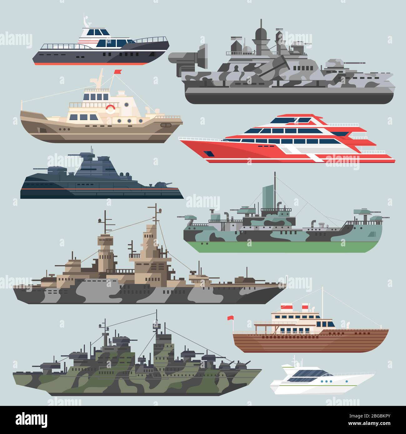 Passenger ships and battleships. Submarine destroyer in the sea. Water boats vector illustrations in flat style Stock Vector