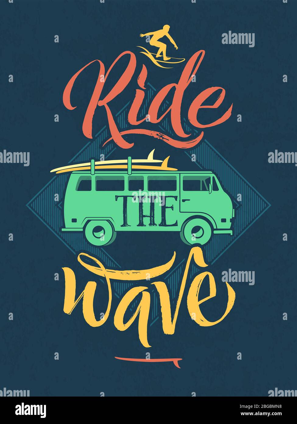 Retro poster of surfer on the waves in hawaii. Sport emblem with hand writing words. Vector illustration Stock Vector