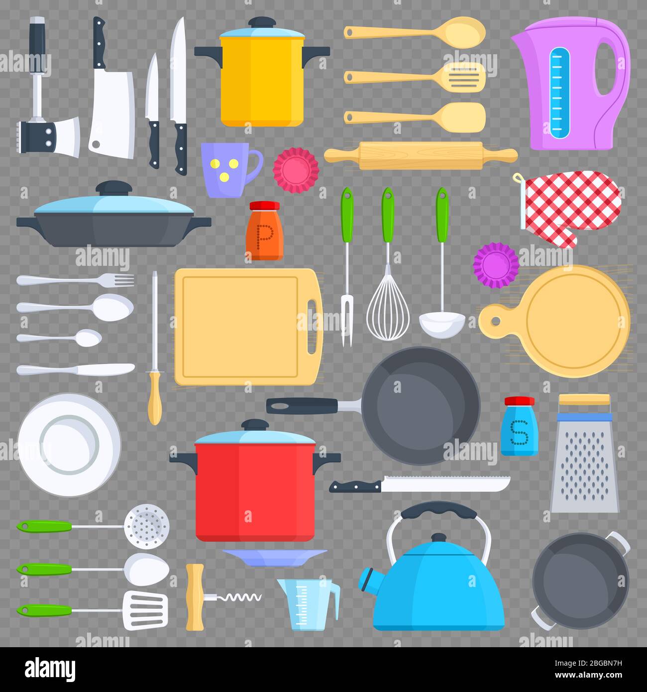 Kitchen tools, cookware and kitchenware flat icons isolated on transparent background. Vector illustration Stock Vector