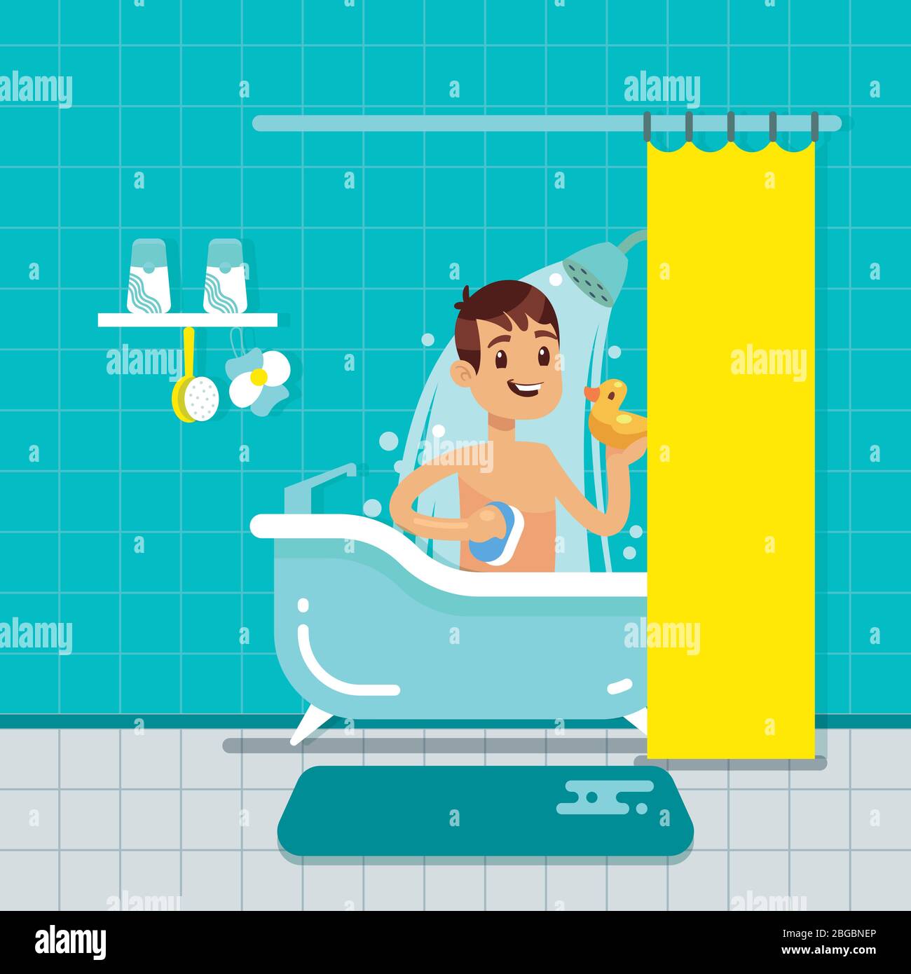 Young man in bathroom home interior with shower, bath vector