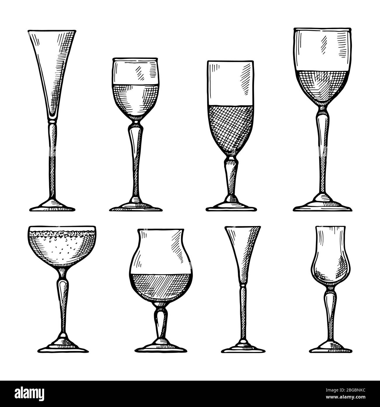 Set of different drinking glasses. Vector hand drawn illustrations Stock Vector