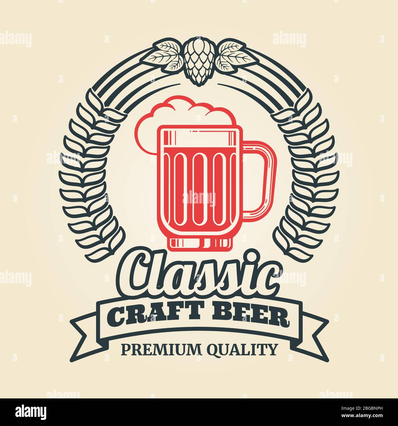 Vintage classic beer label with glass hop wreath. Vector illustration