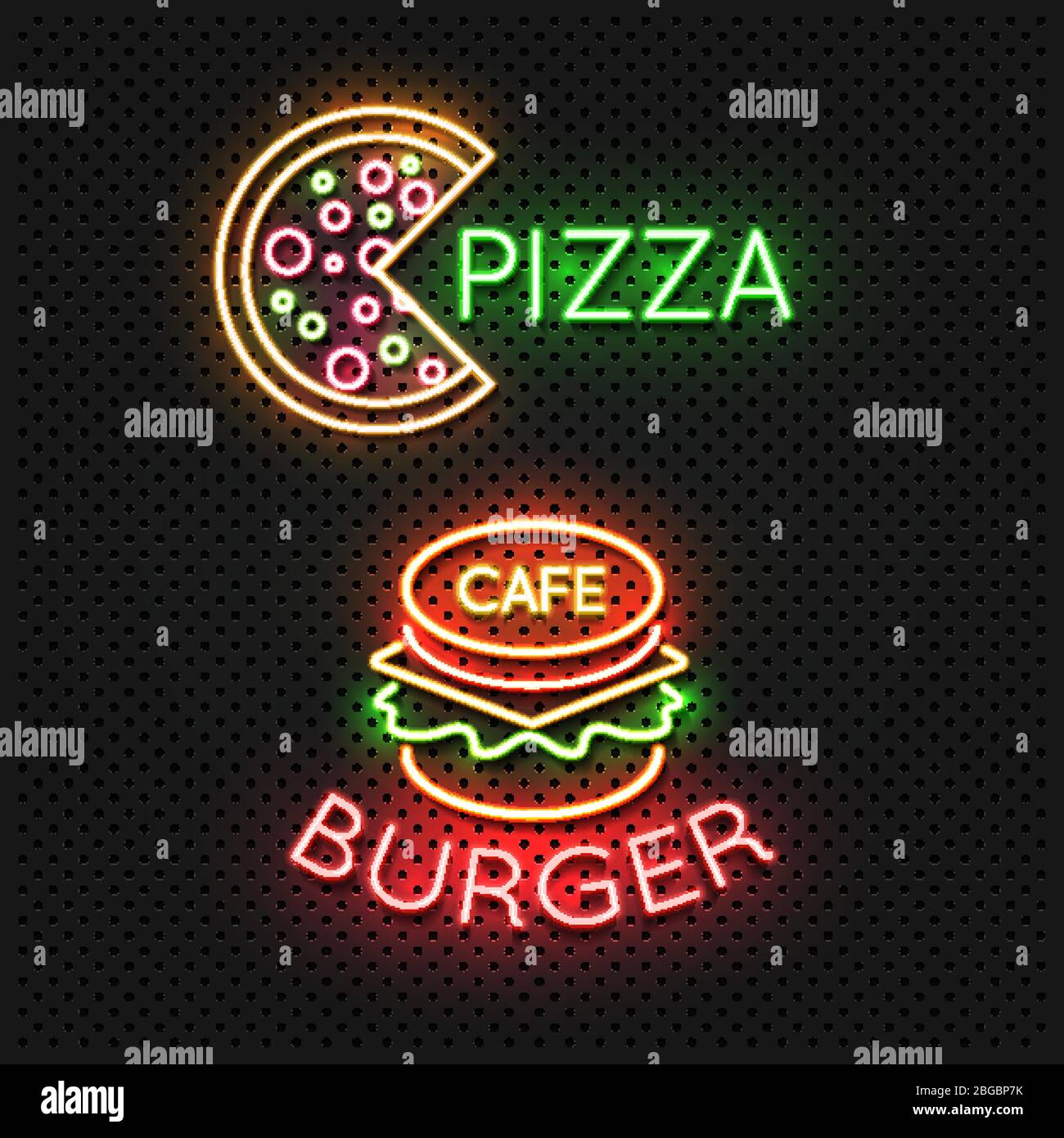 Fast food cafe neon signs - pizza and burger neon banners. Vector illustration Stock Vector
