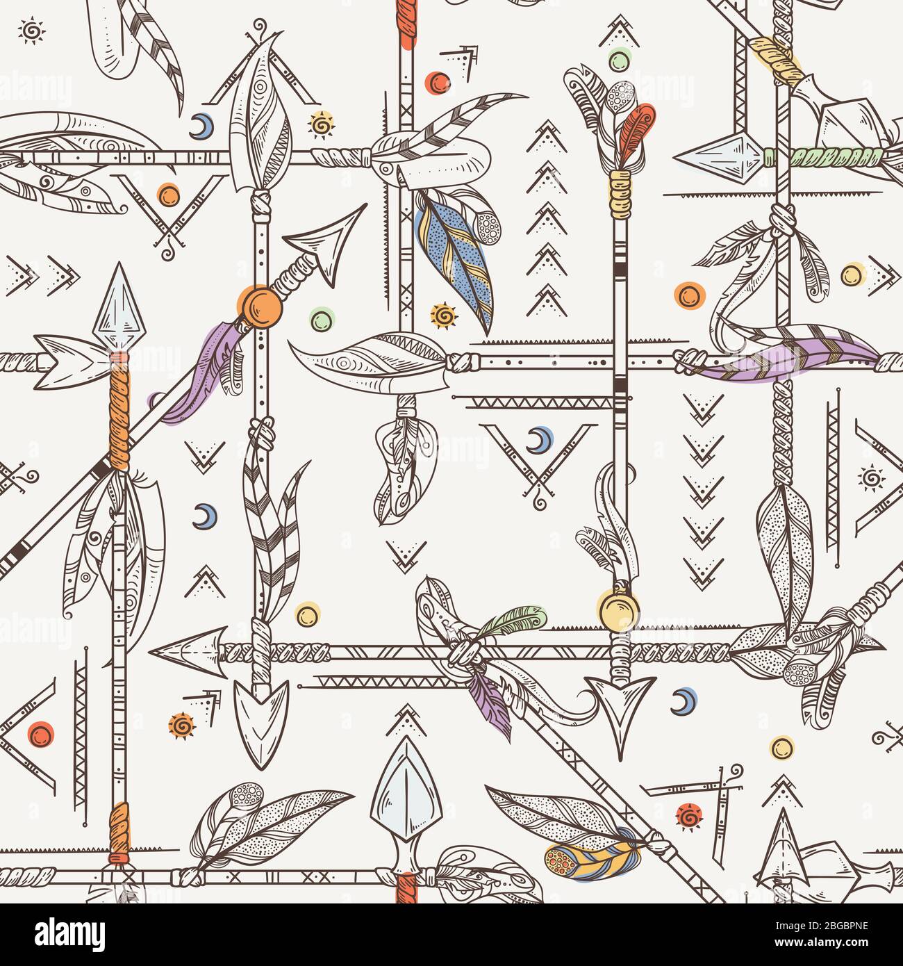 Seamless patterns with indian arrows. Hand drawn vector hippie illustrations Stock Vector