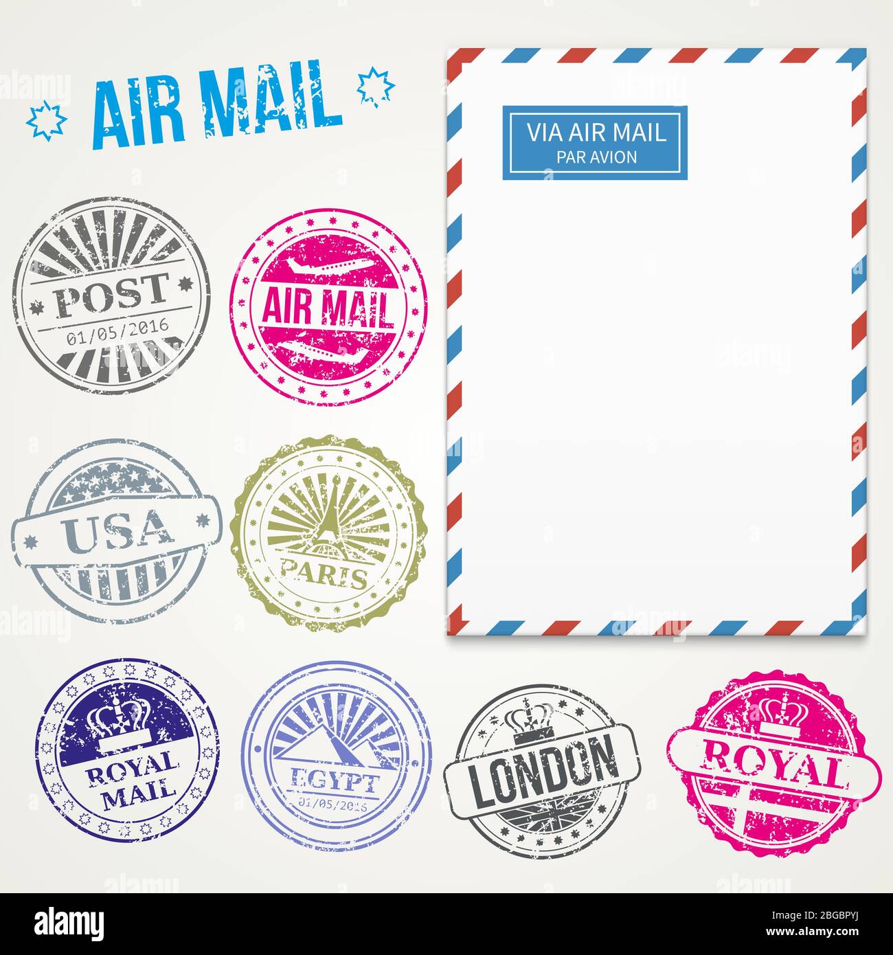 Air mail stamps and envelope vector. Postage vintage delivery illustration Stock Vector