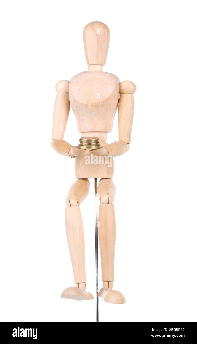 Wooden small mannequin with money isolated on white Stock Photo Alamy