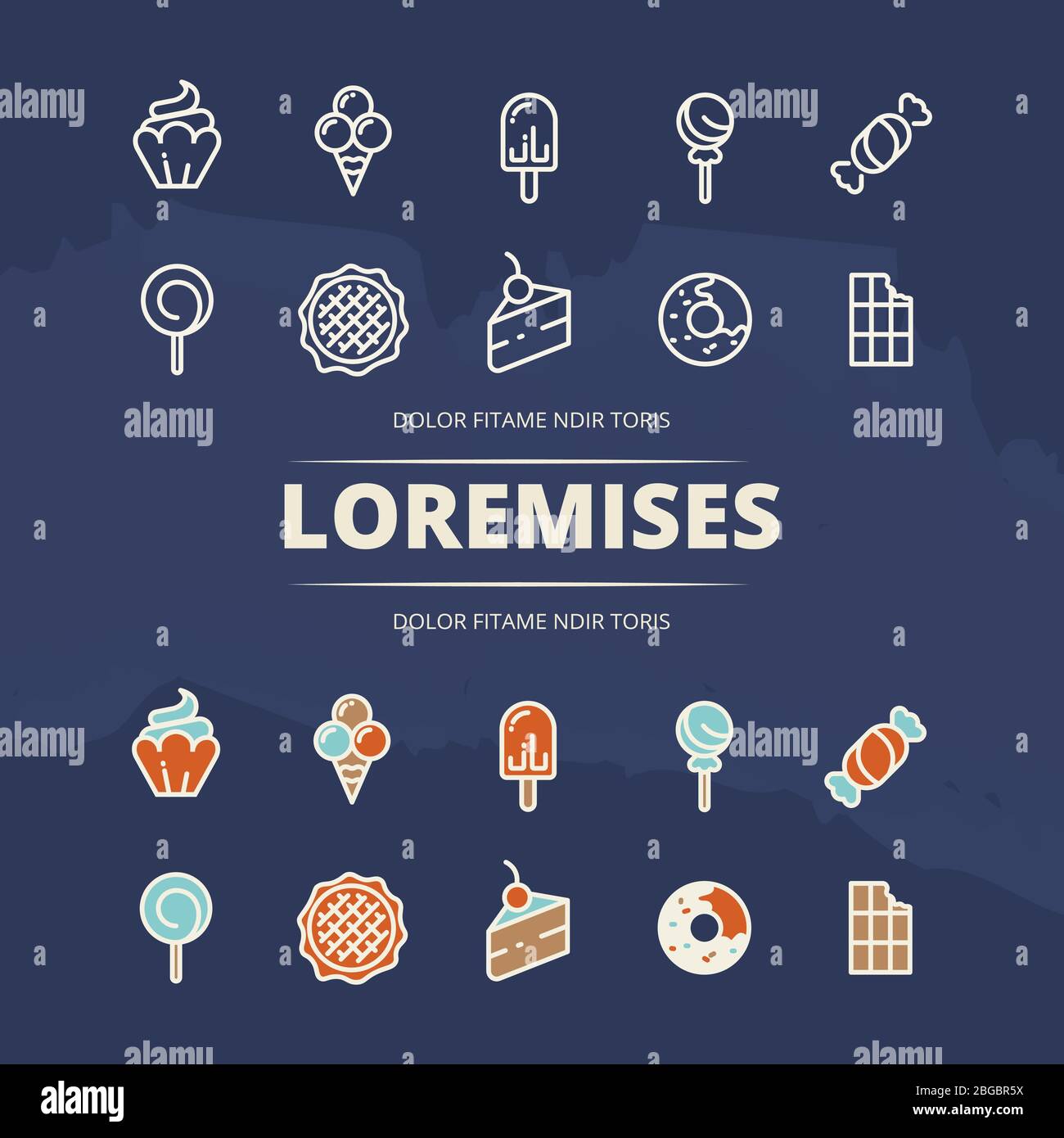 Sweet desserts thin line and colored icons set. Vector illustration Stock Vector