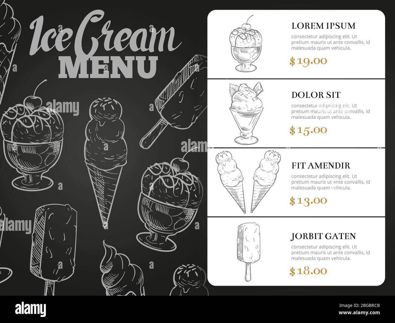 Ice cream menu with prices - desserts blackboard menu card. Vector illustration Stock Vector