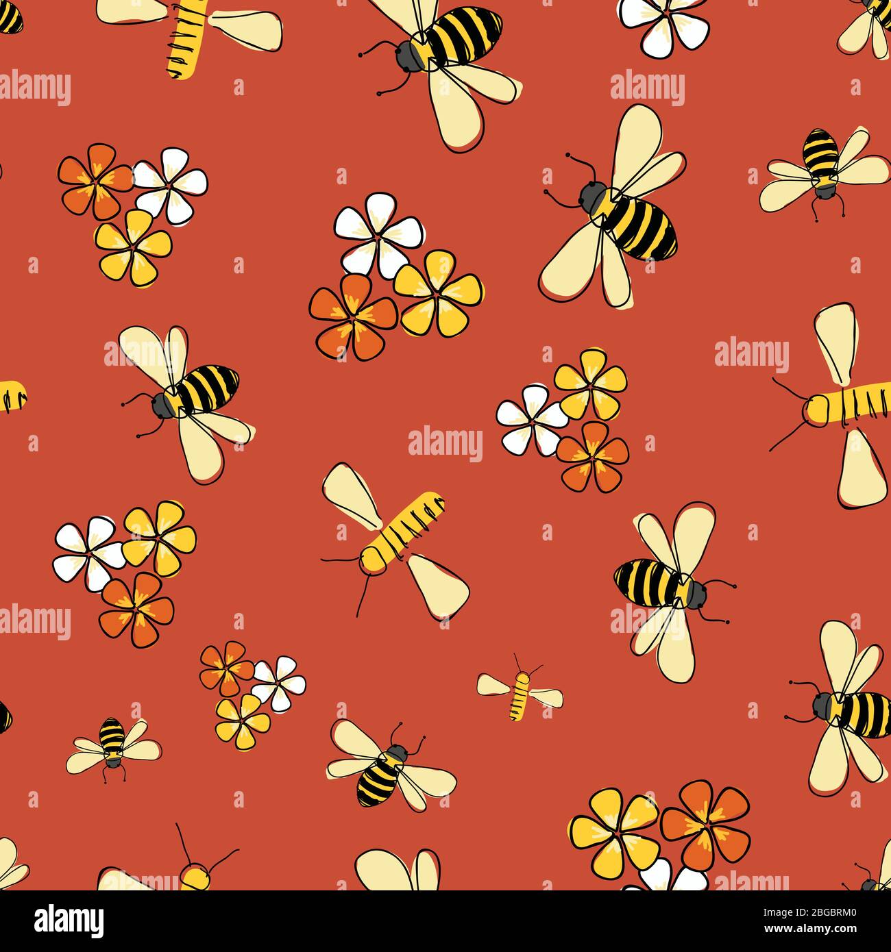 spring flight, Bees and flowers seamless pattern Vector on orange ...