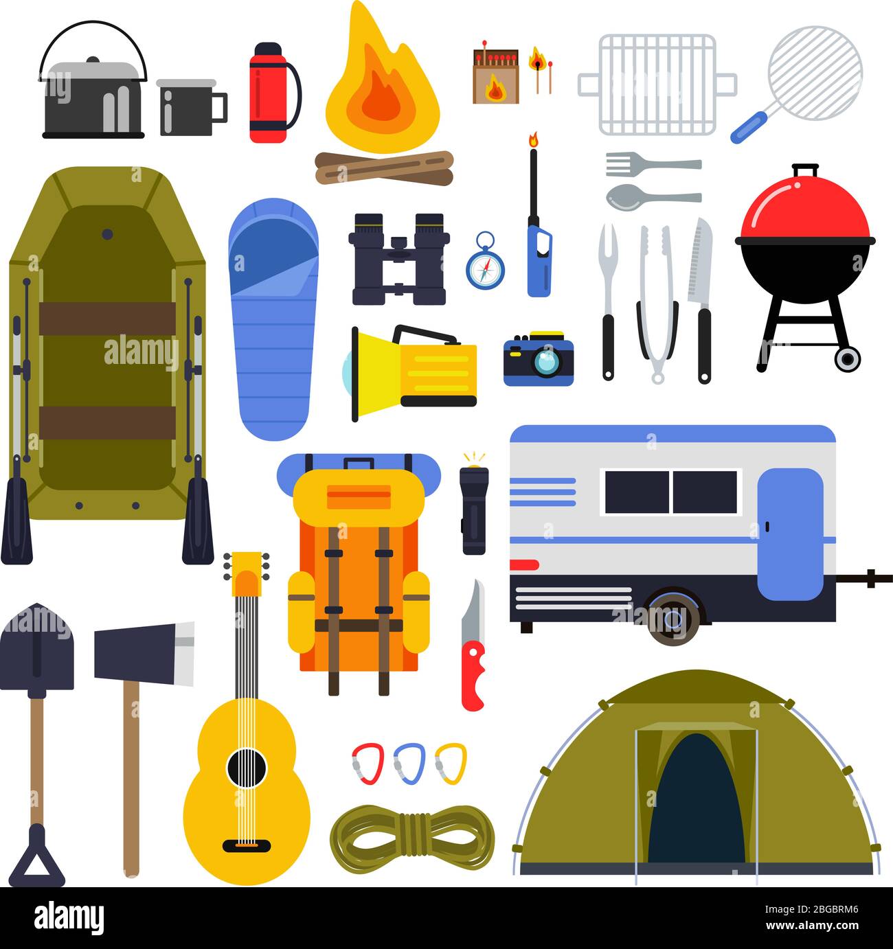 Camping equipment for travel. Hiking accessories vector icon set in flat style Stock Vector