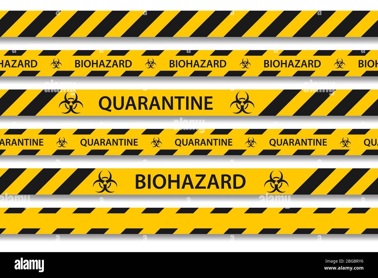 Vector biohazard danger yellow black seamless tape set isolated on white background. Safety fencing ribbon. Quarantine flu. Warning danger influenza Stock Vector