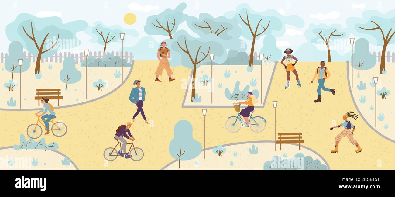 People relaxing, walking, cycling, skating in park Stock Vector