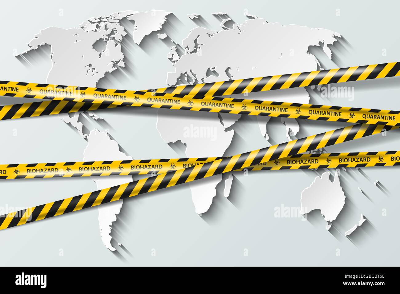 Vector biohazard danger yellow black tape on white paper cut world map background. Safety fencing ribbon. World quarantine flu. Warning danger Stock Vector