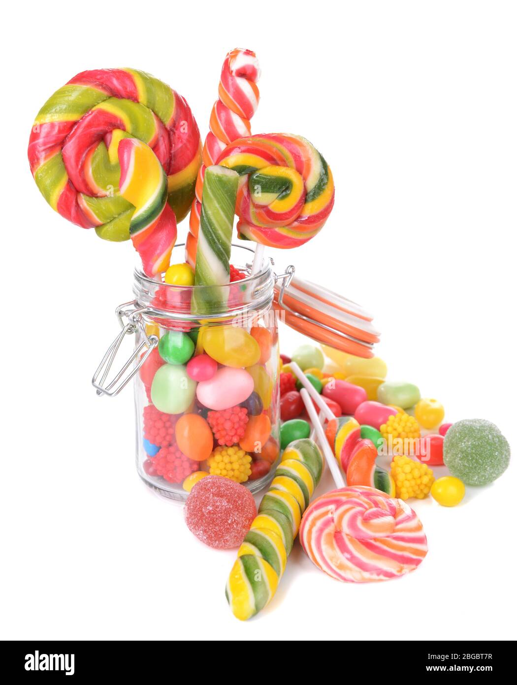 Different colorful fruit candy in jar isolated on white Stock Photo - Alamy