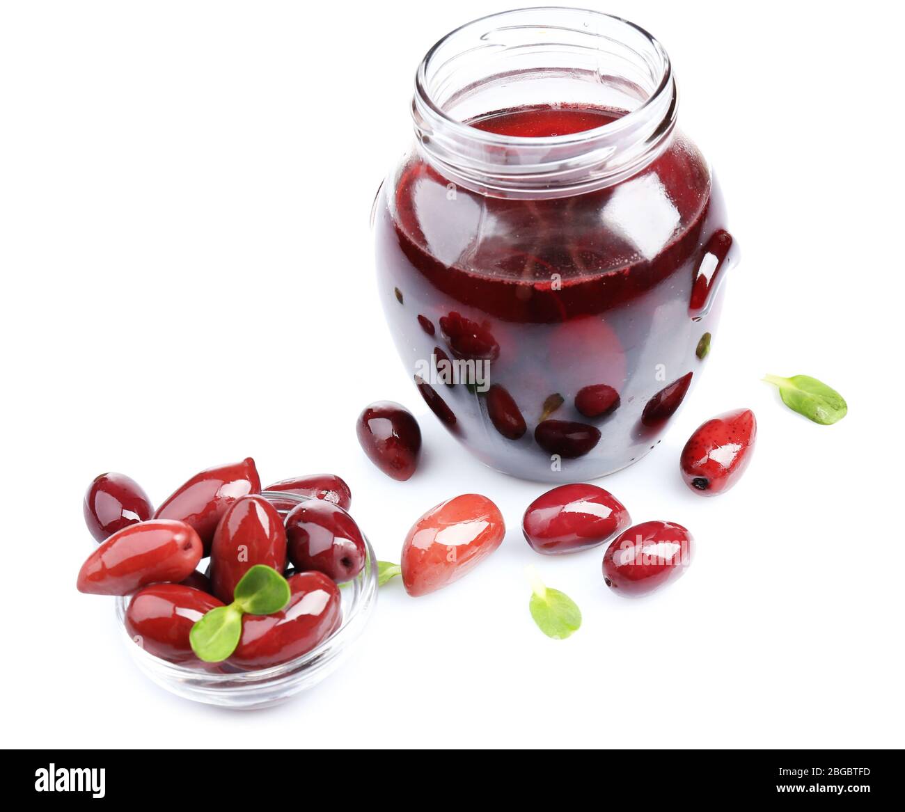 Black olives in glass jar, isolated on white Stock Photo Alamy
