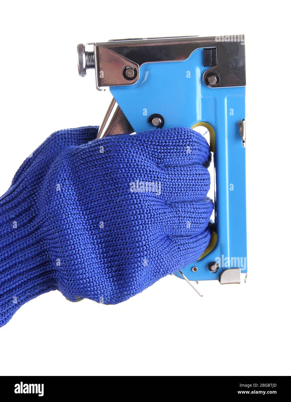 Hand holding construction stapler isolated on white Stock Photo Alamy