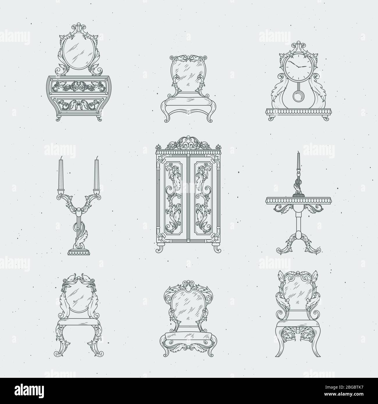 Home antique furniture chairs, dresser, bedside table, mirror. Vector hand drawing illustrations in baroque style Stock Vector