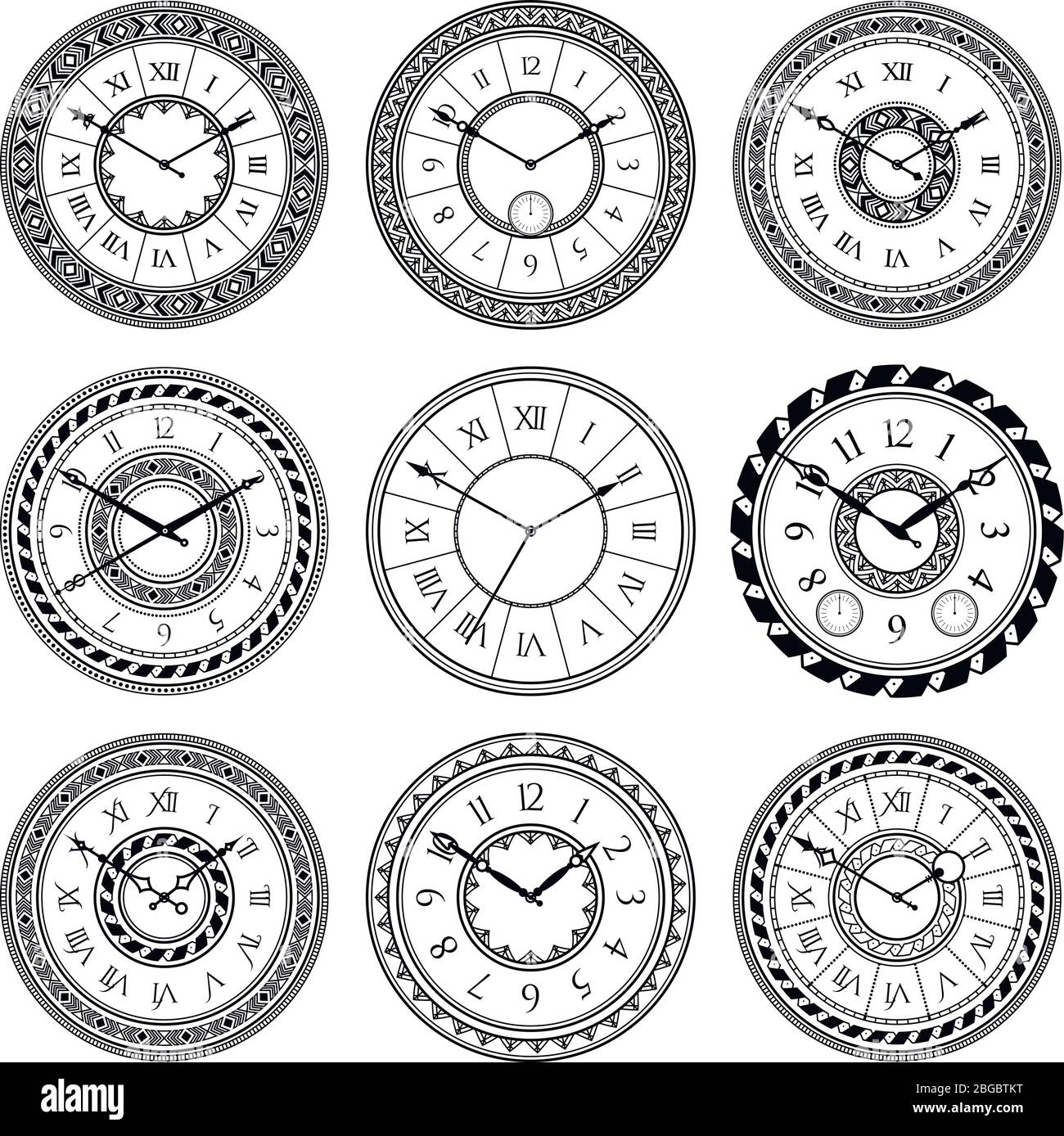 Antique clocks isolate on white. Vintage watch on wall. Vector pictures set Stock Vector