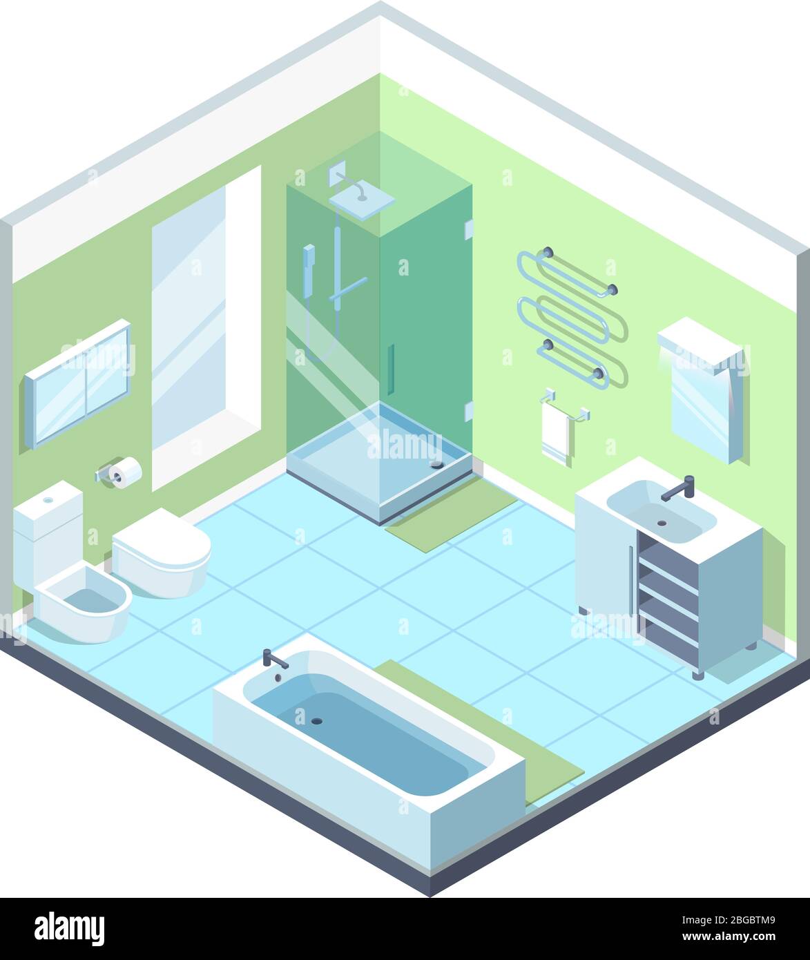 Bathroom interior with different furniture elements. Vector isometric illustrations Stock Vector