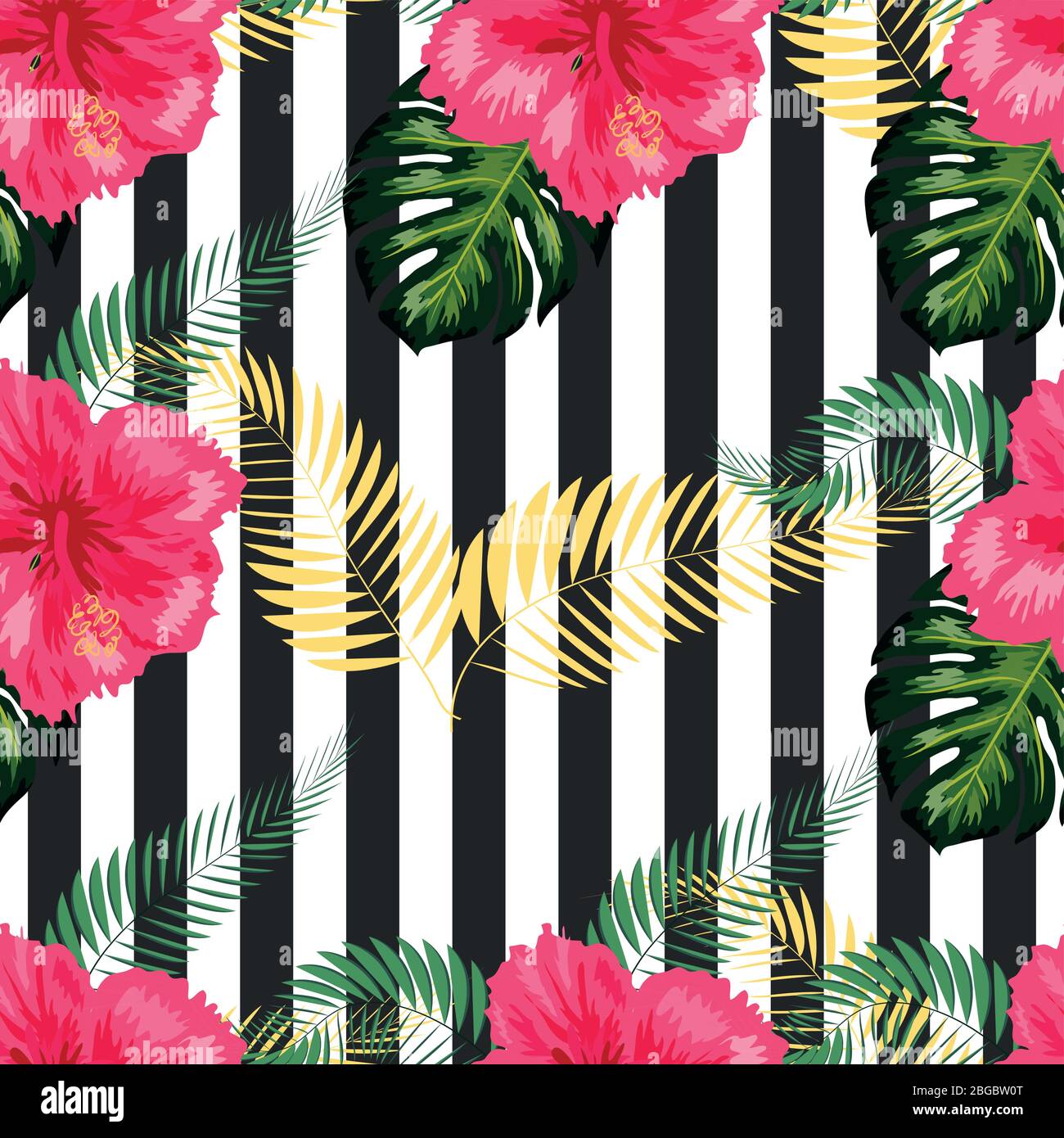 Seamless exotic pattern with tropical leaves and flowers on a white ...