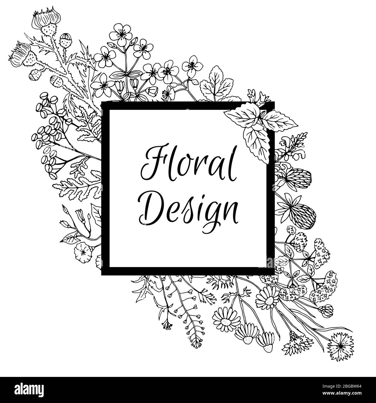 Frame decorated with hand drawn flowers in graphic style Stock Vector ...