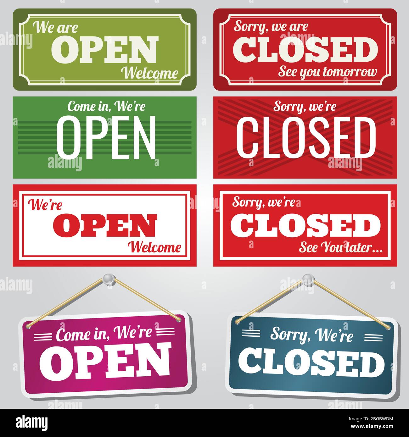 Open and closed vector store signs red and green. Shop banner door open illustration Stock Vector