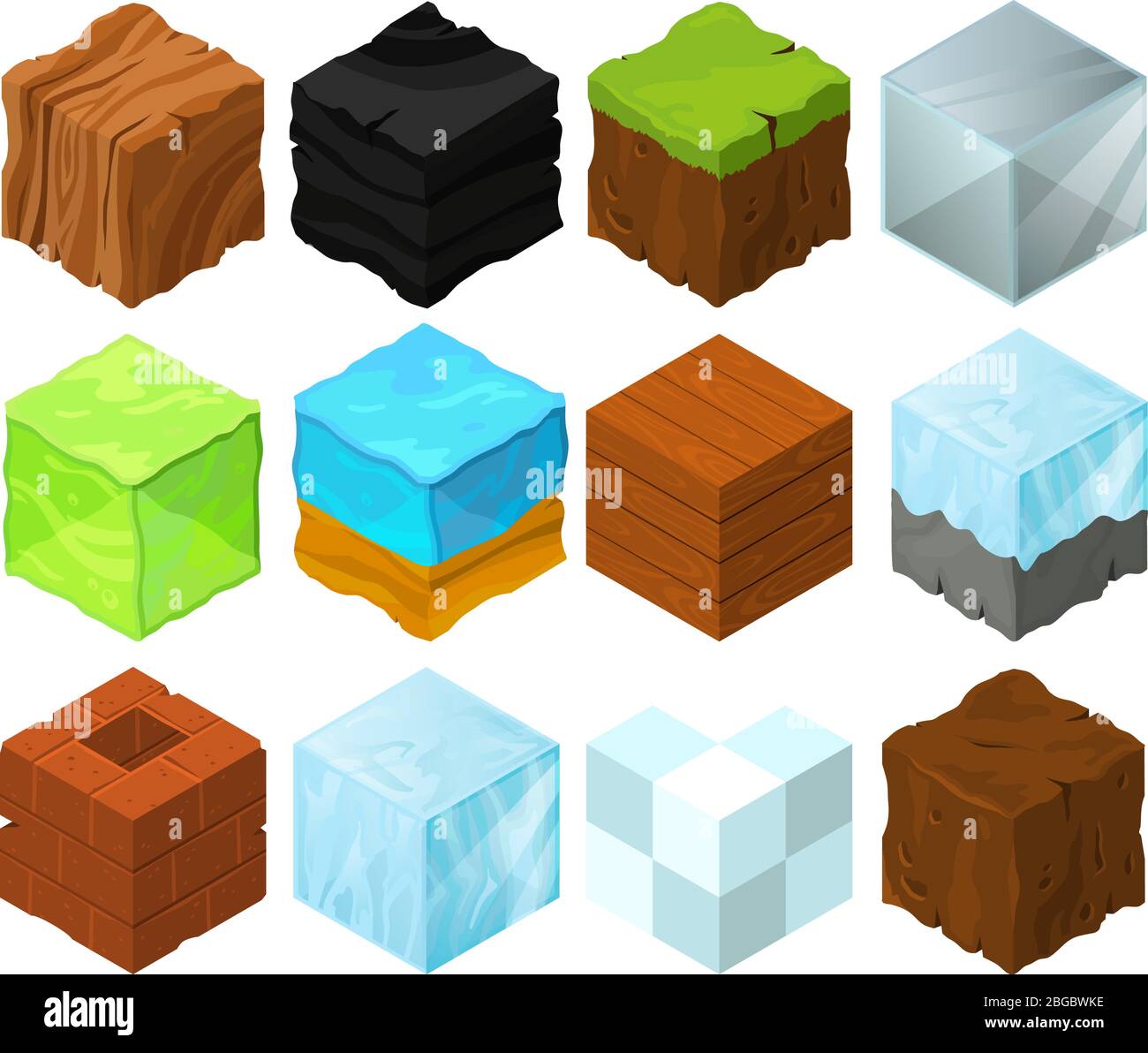 Cartoon texture illustration on different isometric blocks for game design Stock Vector