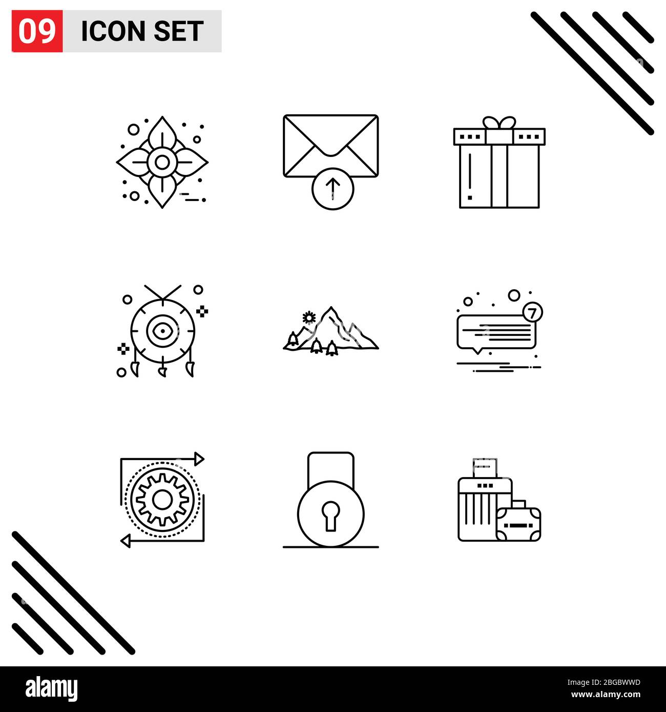 Group of 9 Modern Outlines Set for landscape, western, gift, necklace, accessories Editable Vector Design Elements Stock Vector