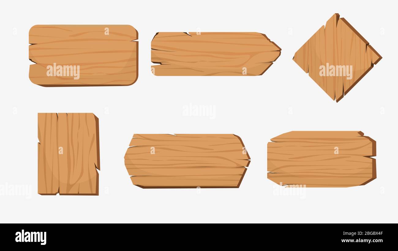Set of cartoon wood badge banner vector graphic illustration. Rustic vintage signboard isometric Stock Vector
