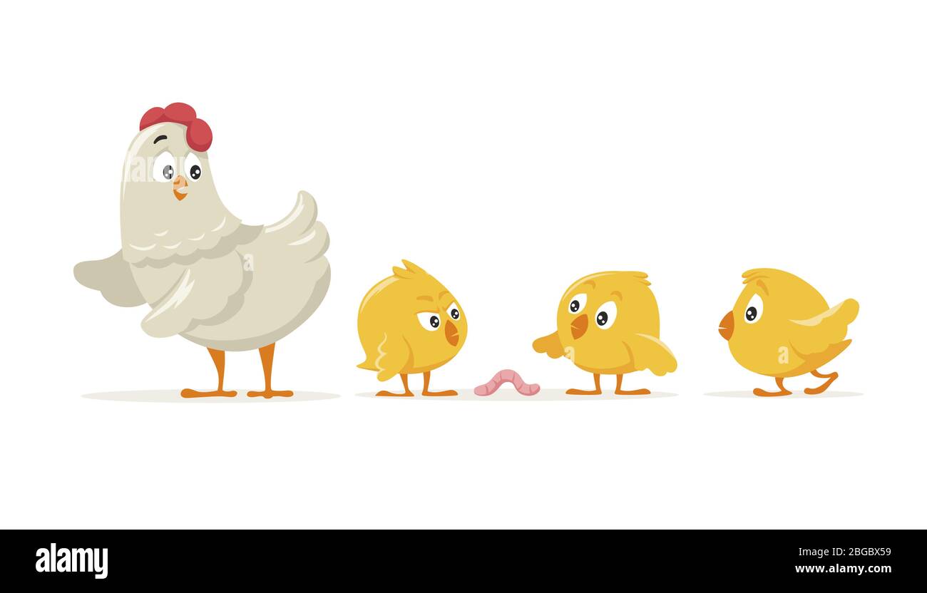 Cartoon mother hen and three yellow little chick isolated on white background Stock Vector