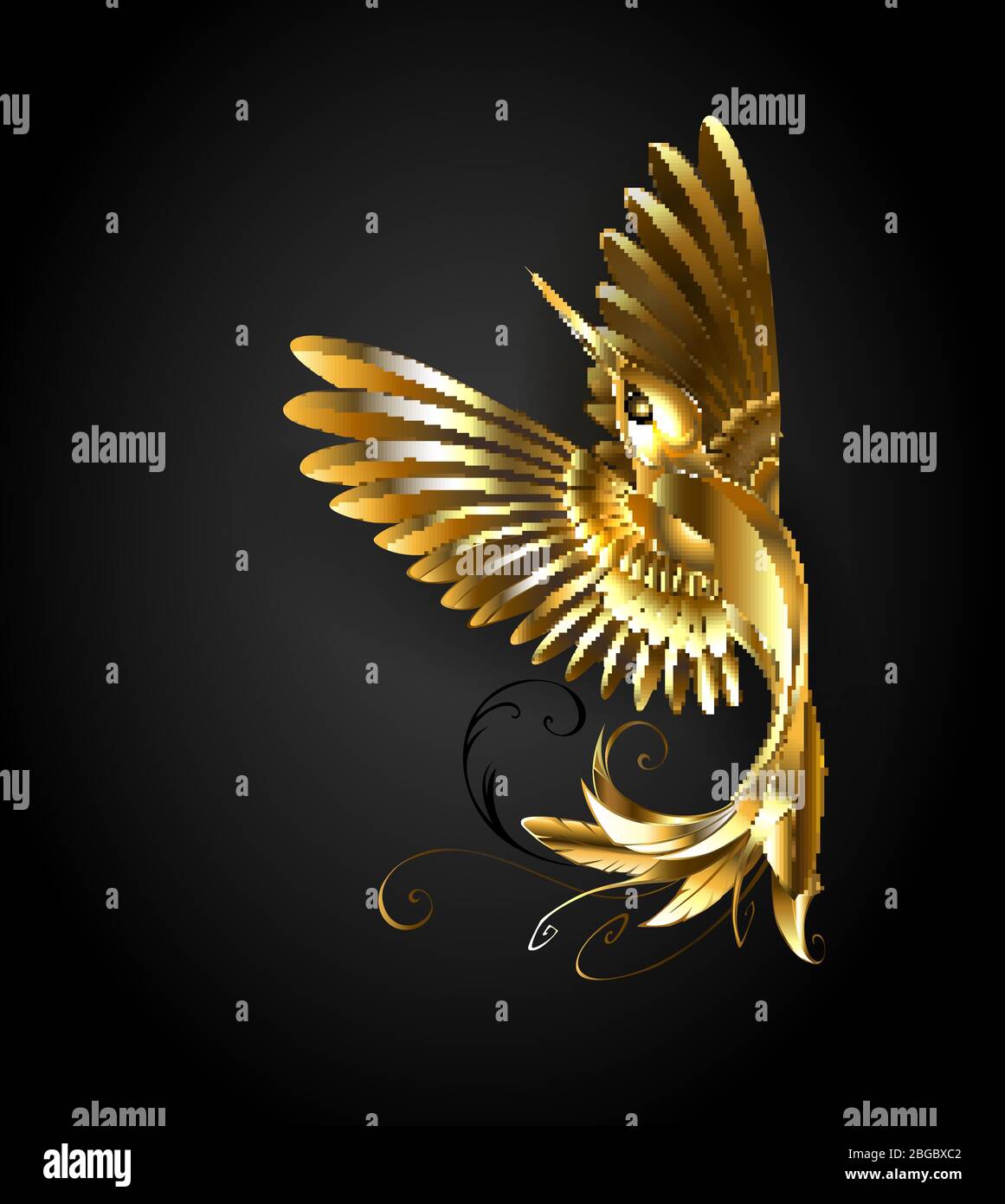 Hand made painter golden hummingbird on black background. Gold bird. Stock Vector