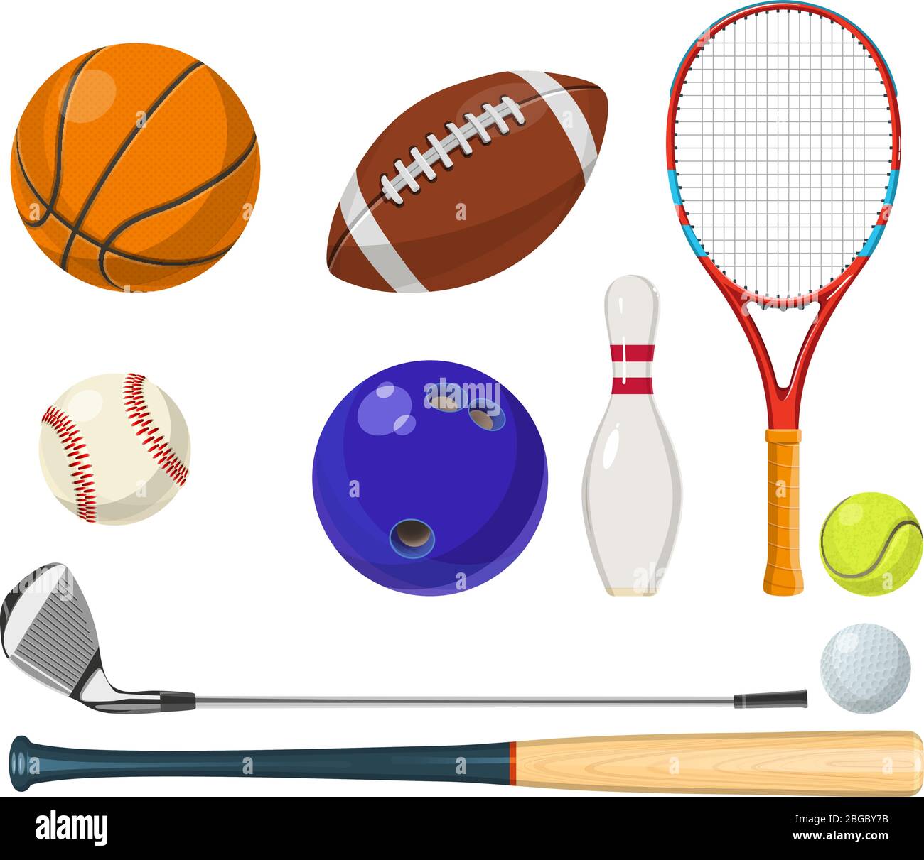 Vector sports equipment in cartoon style. Balls, rackets, golf sticks