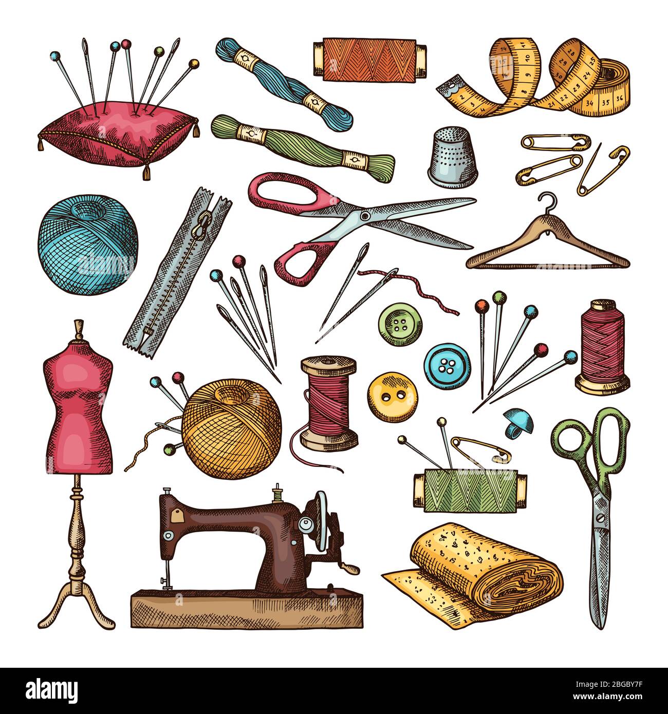 Colored pictures of different tools for needlework or sewing workshop Stock Vector