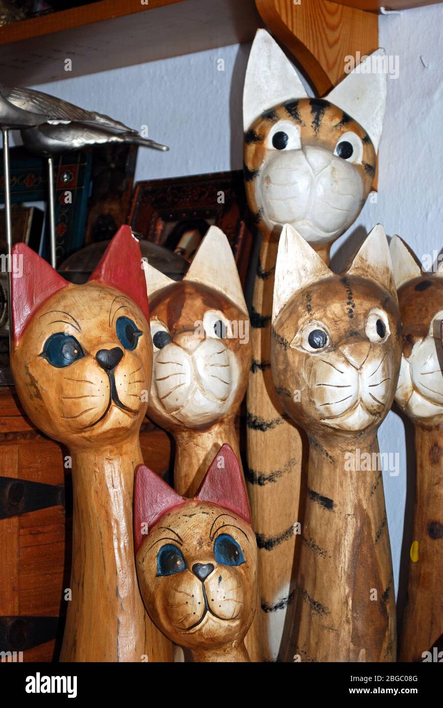 Wooden cats in a village shop Frigiliana Costa del Sol Malaga