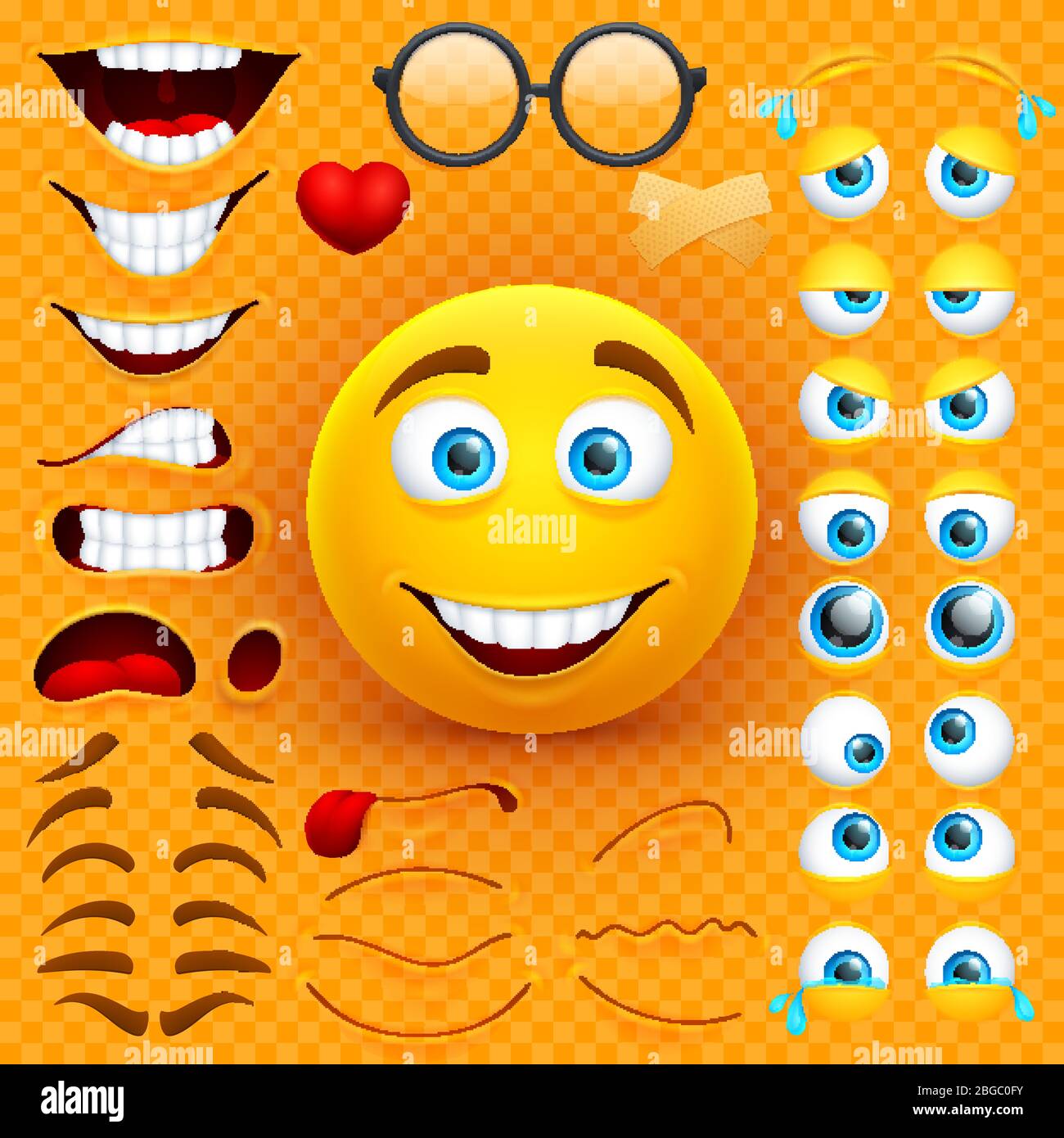 Cartoon yellow 3d smiley face vector character creation constructor. Emoji with emotions, eyes and mouthes set. Illustration of emoticon face smiley, creation smile mood Stock Vector