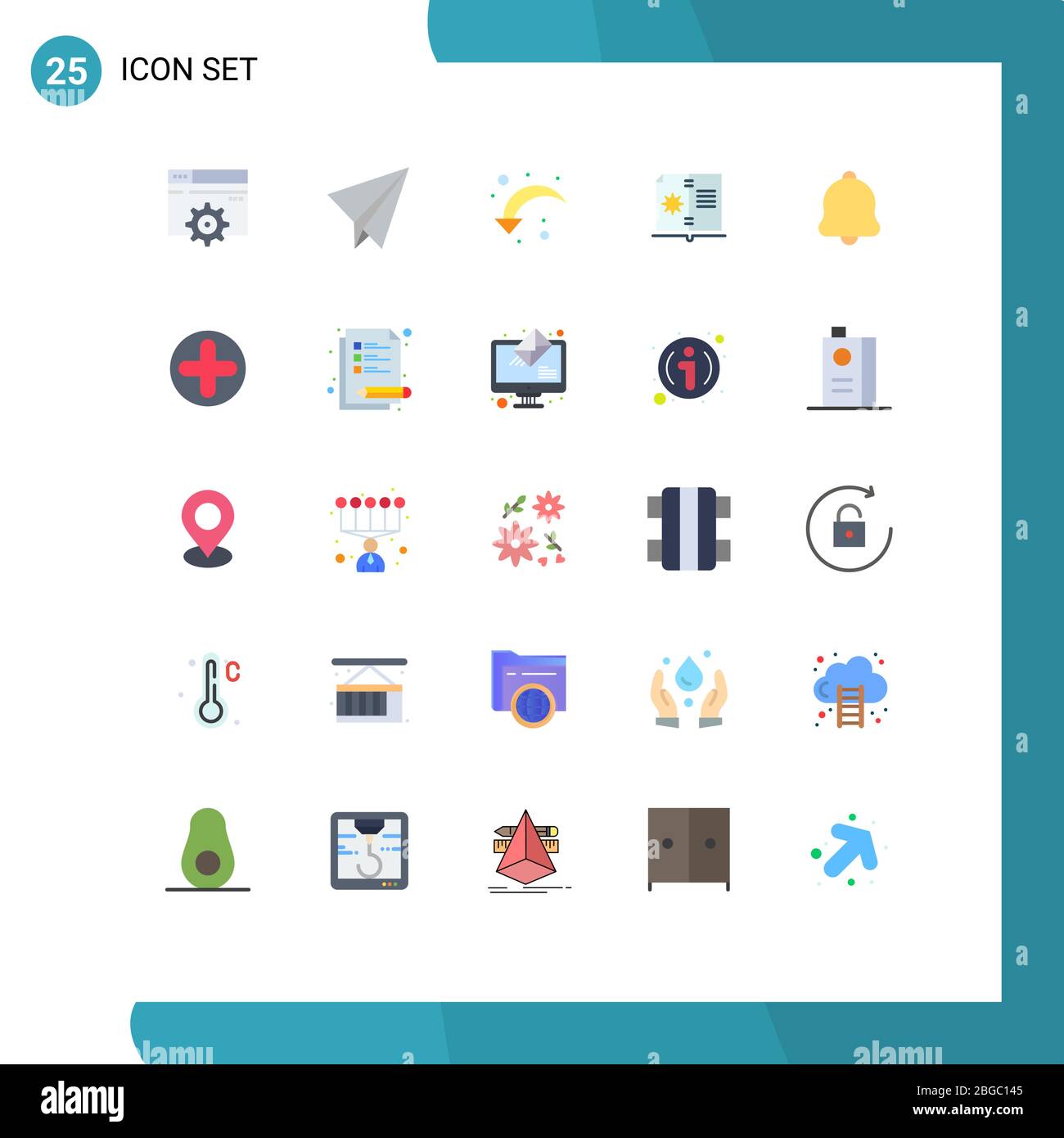 Mobile Interface Flat Color Set of 25 Pictograms of notification, alert, reload, instruction, guide Editable Vector Design Elements Stock Vector