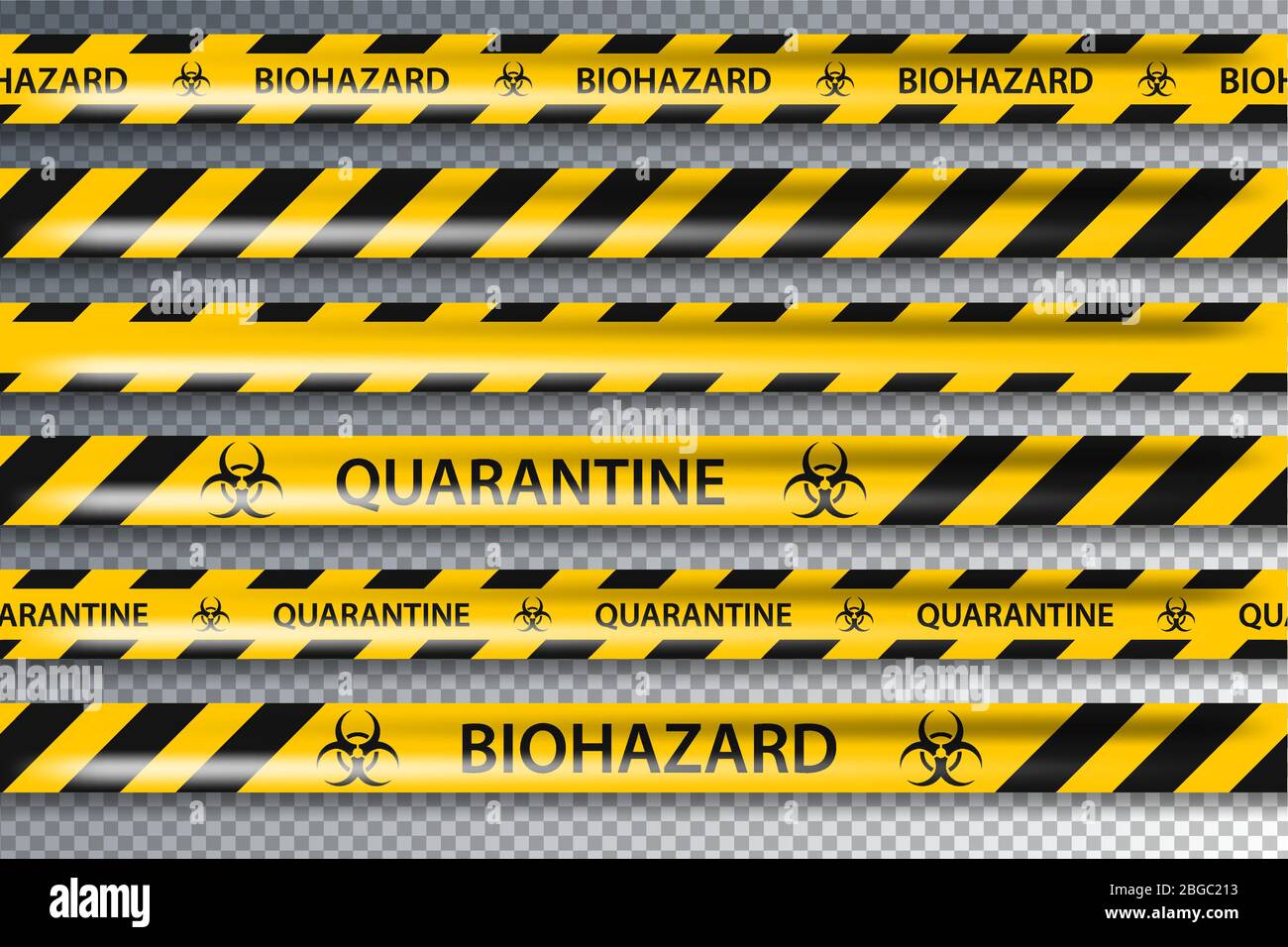 Vector biohazard danger yellow black seamless tape set isolated on transparent background. Safety fencing ribbon. Quarantine flu. Warning danger Stock Vector