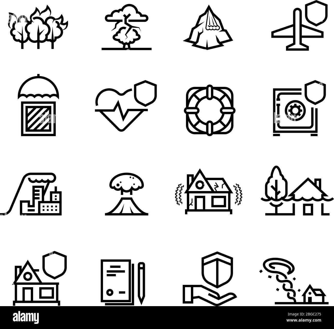 Insurance cases and natural disasters line icons. Property, life and health safety outline symbols. Insurance and protection health and house. Vector illustration Stock Vector
